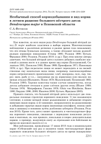 Необычный способ кормодобывания и вид корма в летнем рационе большого пёстрого дятла Dendrocopos major в Псковской области