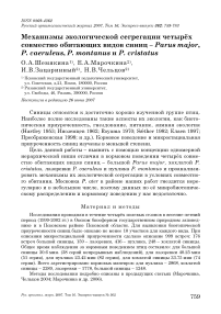 Механизмы экологической сегрегации четырёх совместно обитающих видов синиц - Parus major, P. caeruleus, P. montanus и Р. cristatus