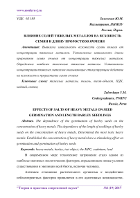 Влияние солей тяжелых металлов на всхожесть семян и длину проростков ячменя