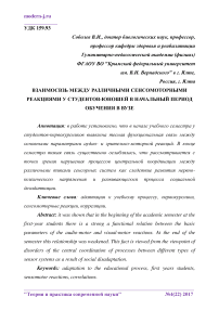 Взаимосвязь между различными сенсомоторными реакциями у студентов-юношей в начальный период обучения в вузе