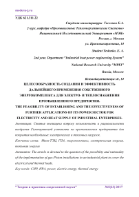 Целесообразность создания и эффективность дальнейшего применения собственного энергокомплекса для электро- и теплоснабжения промышленного предприятия