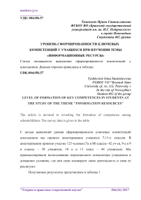 Уровень сформированности ключевых компетенций у учащихся при изучении темы "Информационные ресурсы"