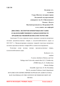 Динамика экспортно-импортных поставок сельскохозяйственного сырья в контексте продовольственной безопасности России