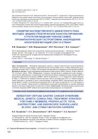 Синдром наследственного диффузного рака желудка: медико-генетическое консультирование, стратегия ведения членов семей, профилактическая гастрэктомия, наблюдение носителей мутаций CDH1 и CTNNA1