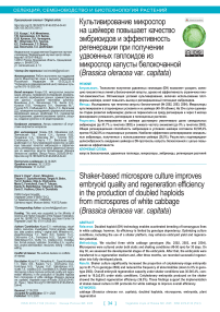 Культивирование микроспор на шейкере повышает качество эмбриоидов и эффективность регенерации при получении удвоенных гаплоидов из микроспор белокочанной капусты (Brassica oleracea var. capitata)