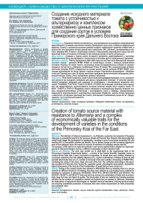 Создание исходного материала томата с устойчивостью к альтернариозу и комплексом хозяйственно ценных признаков для создания сортов в условиях Приморского края Дальнего Востока
