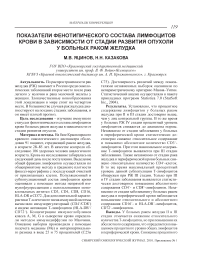 Показатели фенотипического состава лимфоцитов крови в зависимости от стадии развития опухоли у больных раком желудка