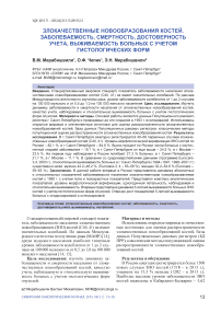 Злокачественные новообразования костей. Заболеваемость, смертность, достоверность учета, выживаемость больных с учетом гистологических форм