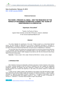 The Work "Firdaws Al-Iqbal" and the Research of the Period of Muhammad Rahimkhan I During the years of Independence in Uzbekistan