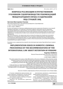 Вопросы реализации в отечественном уголовном судопроизводстве рекомендаций международного права о содержании под стражей лиц