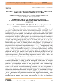 The effect of organic and mineral substances on the productivity and quality indicators of rice in Lankaran