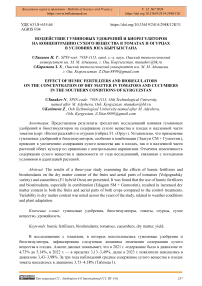 Воздействие гуминовых удобрений и биорегуляторов на концентрацию сухого вещества  в томатах и огурцах в условиях юга Кыргызстана