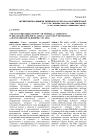 Институционализация движения «Хезболла» в политической системе Ливана: механизмы адаптации и эволюция ориентиров (1982–2016 гг.)