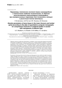 Параметры плотности костной ткани нижнегрудного и поясничного отделов позвоночника, по данным количественной компьютерной томографии, при компрессионных переломах тел позвонков у женщин с различным типом менопаузы