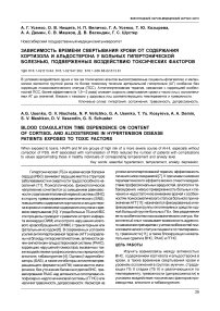 Зависимость времени свертывания крови от содержания кортизола и альдостерона у больных гипертонической болезнью, подверженных воздействию токсических факторов