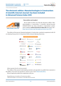 The electronic edition «Nanotechnologies in Construction: A Scientific Internet-Journal» has been included in Advanced Science Index (ASI)