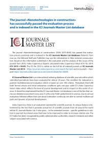 The journal «Nanotechnologies in construction» has successfully passed the evaluation process and is indexed in the ICI Journals Master List database