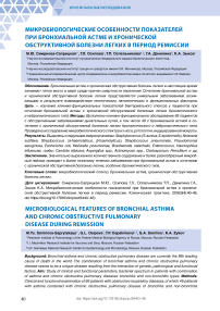 Микробиологические особенности показателей при бронхиальной астме и хронической обструктивной болезни легких в период ремиссии