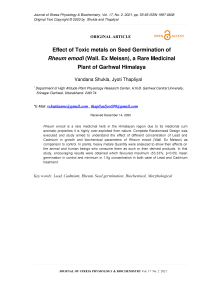 Effect of Toxic metals on Seed Germination of Rheum emodi (Wall. Ex Meissn), a Rare Medicinal Plant of Garhwal Himalaya
