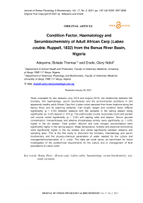 Condition Factor, Haematology and Serumbiochemistry of Adult African Carp (Labeo coubie. Ruppell, 1832) from the Benue River Basin, Nigeria
