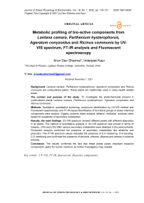 Metabolic profiling of bio-active components from Lantana camara, Parthenium hysterophorus, Ageratum conyzoidus and Ricinus communis by UV-VIS spectrum, FT-IR analysis and fluorescent spectroscopy