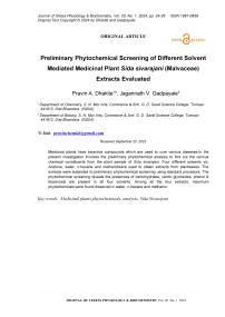 Preliminary phytochemical screening of different solvent mediated medicinal plant Sida sivarajani (Malvaceae) extracts evaluated