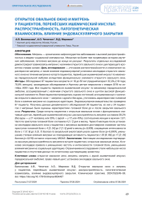 Открытое овальное окно и мигрень у пациентов, перенёсших ишемический инсульт: распространённость, патогенетическая взаимосвязь, влияние эндоваскулярного закрытия