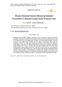 Physico chemical factors influencing seaweed colonization in selected coastal areas of Kerala, India