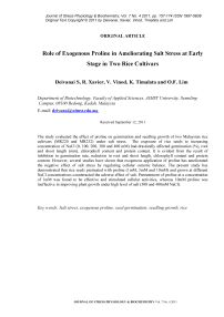 Role of exogenous proline in ameliorating salt stress at early stage in two rice cultivars