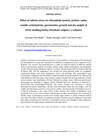 Effect of salinity stress on chlorophyll content, proline, water soluble carbohydrate, germination, growth and dry weight of three seedling barley (Hordeum vulgare L.) cultivars