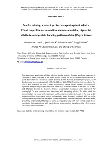 Smoke priming, a potent protective agent against salinity: effect on proline accumulation, elemental uptake, pigmental attributes and protein banding patterns of rice ( Oryza sativa)