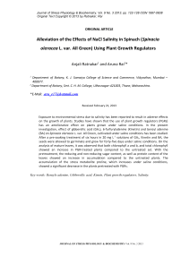 Alleviation of the effects of NaCl salinity in spinach ( Spinacia oleracea L. var. All Green) using plant growth regulators