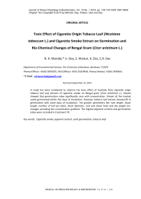 Toxic effect of cigarette origin tobacco leaf ( Nicotiana tabaccum L.) and cigarette smoke extract on germination and bio-chemical changes of Bengal gram ( Cicer arietinum L.)