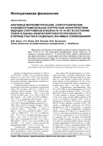 Ключевые морфометрические, спирографические и кардиопульмональные портретные характеристики ведущих спортсменов в возрасте 15-16 лет в состоянии покоя и оценка физической работоспособности в период участия в социально значимых соревнованиях