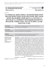 Сезонная динамика изменения морфологических параметров листьев березы повислой (Betula pendula roth) в условиях промышленного воздействия (Уфа, Республика Башкортостан)