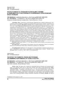 Результативность плавания различными стилями в зависимости от фаз полового созревания и телосложения юных пловцов
