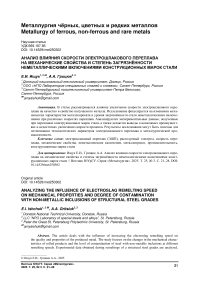 Анализ влияния скорости электрошлакового переплава на механические свойства и степень загрязнённости неметаллическими включениями конструкционных марок стали