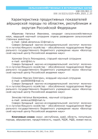 Характеристика продуктивных показателей айрширской породы по областям, республикам и округам Российской Федерации