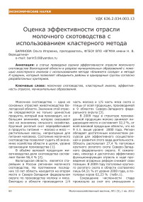 Оценка эффективности отрасли молочного скотоводства с использованием кластерного метода