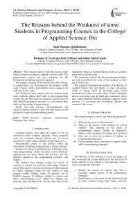 The Reasons behind the Weakness of some Students in Programming Courses in the College of Applied Science, Ibri