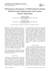 Performance estimation of differential evolution, particle swarm optimization and cuckoo search algorithms