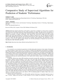 Comparative Study of Supervised Algorithms for Prediction of Students’ Performance