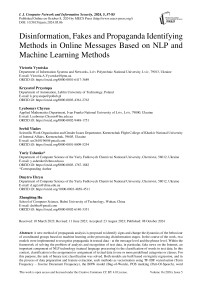 Disinformation, Fakes and Propaganda Identifying Methods in Online Messages Based on NLP and Machine Learning Methods