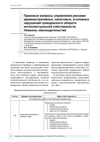 Правовые вопросы управления рисками административных, налоговых, уголовных нарушений гражданского оборота интеллектуальной собственности. Новеллы законодательства