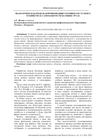 Педагогическая модель формированию готовности студента техникума к самозанятости на рынке труда