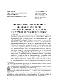 Child rights – international standards and their implementation in the legal system of Republic of Serbia