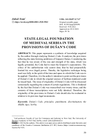 State-legal foundation of medieval Serbia in the provisions of Dušan’s code