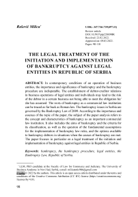 The legal treatment of the initiation and implementation of bankruptcy against legal entities in Republic of Serbia