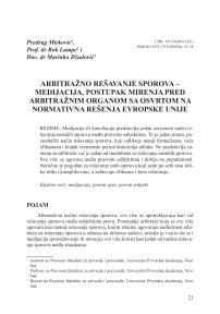 Arbitražno rešavanje sporova - medijacija, postupak mirenja pred arbitražnim organom sa osvrtom na normativna rešenja Evropske unije