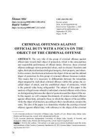 Criminal offenses against official duty with a focus on the object of the criminal offense